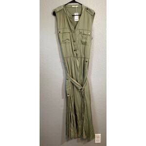 Luxe Moda Medium Moto Dress Green Silver Buttons Midi Sleeveless Double Slit Hot